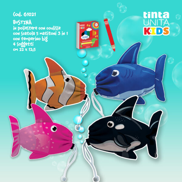 Bustina Pesciolino TINTA UNITA KIDS con coulisse + scatola 5 matitoni+temperino
