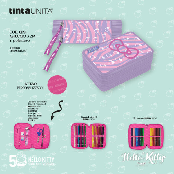Astuccio 3Zip TintaUNITA Hello Kitty completo - lilla/mele